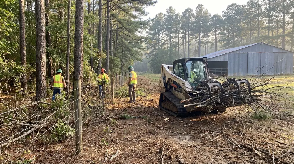 Crew clearing brush along a wire fence line on acreage