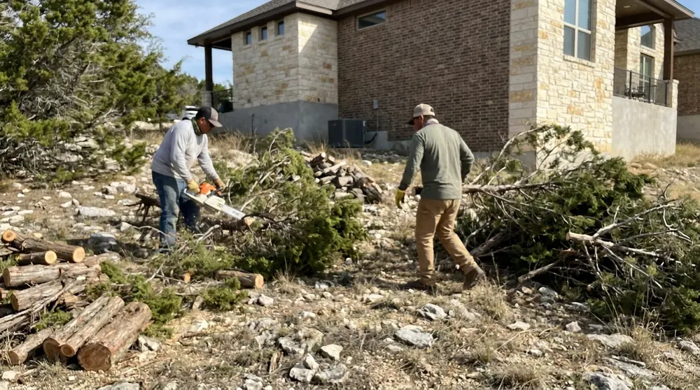 Workers removing cedar beside a house on a rocky hillside lot