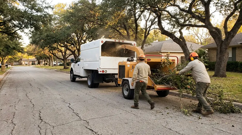 Crew feeding brush into a chipper behind a chip truck