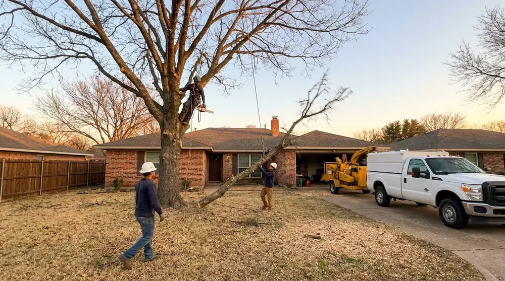 Crew removing a large post oak beside a brick home in Arlington