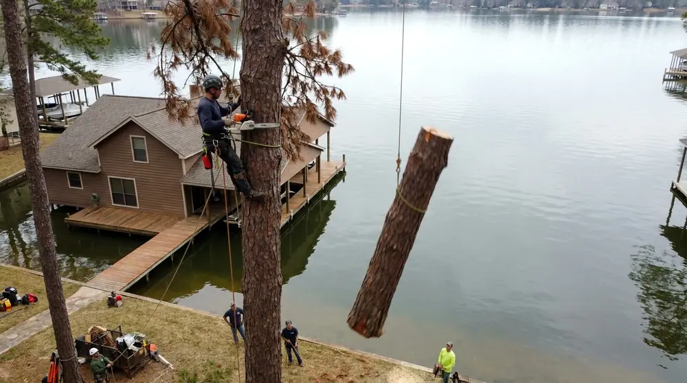 Climber lowering a section of dead pine beside a lake house and dock