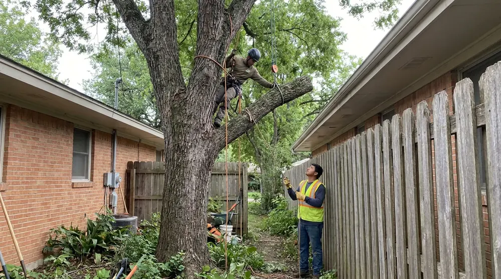 Arborist rigging down a pecan limb between a brick house and a fence