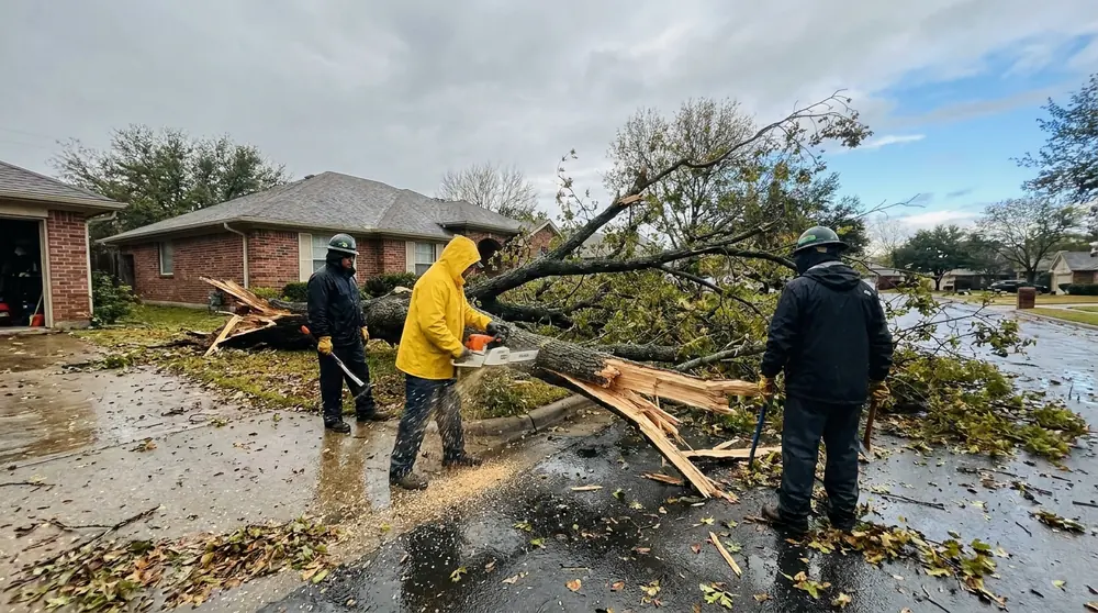 Crew cutting up a storm broken limb across a driveway