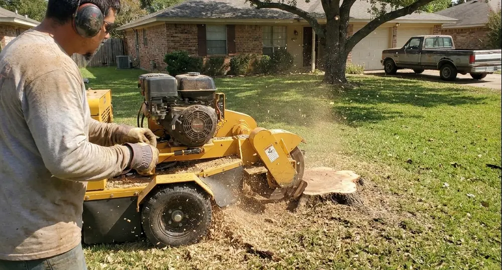 Stump grinder working on a fresh stump in a front lawn