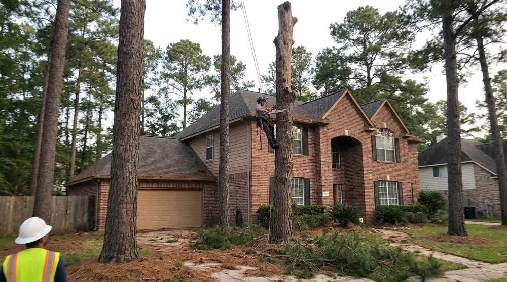 Climber removing a dead pine beside a two story home in The Woodlands